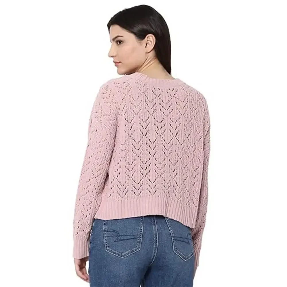 American Eagle Rose Pink Sweater Size Large Pointelle Crew Neck Lacy Twee Fairy